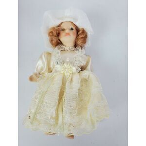 Vintage Kurt S Adler Miniature Porcelain Doll Ornament Brown‎ Hair Lace Dress